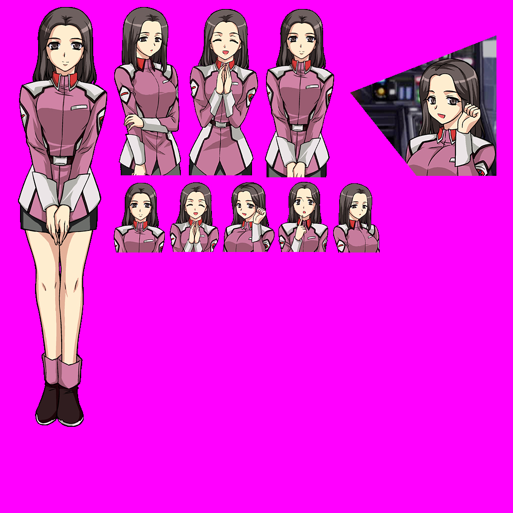 gundam, gundam seed, sd gundam, sd gundam online, 00s, 1girl, long hair, military, military uniform, multiple expressions, reference sheet