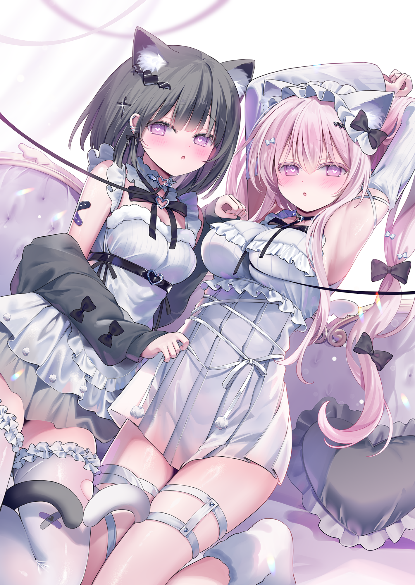 ame usari, original, commentary request, highres, 2girls, :o, animal ear fluff, animal ears, arm up, armpits, black bow, black collar, black hair, black jacket, blush, bow, breasts, cat ears, cat girl, clothing cutout, collar, dress, hair between eyes, hair bow, hair ornament, heart, heart-shaped pupils, heart cutout, heart hair ornament, heart o-ring, jacket, large breasts, leash, long hair, long sleeves, looking at viewer, medium breasts, multiple girls, o-ring, off shoulder, pink hair, puffy long sleeves, puffy sleeves, purple eyes, single thighhigh, sleeves past wrists, spiked collar, spikes, symbol-shaped pupils, thigh strap, thighhighs, very long hair, white bow, white dress, white thighhighs, winged heart