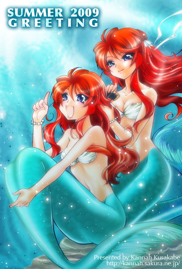kannah, gemini sunrise, geminin sunrise, sakura taisen, sakura taisen v, 00s, 1girl, :d, bikini, bikini top only, blue eyes, blush, bracelet, breasts, brushing hair, cleavage, comb, dual persona, hair ribbon, jewelry, long hair, mermaid, monster girl, open mouth, pointing, pointing up, red hair, ribbon, sitting, smile, swimsuit, time paradox, underboob, underwater