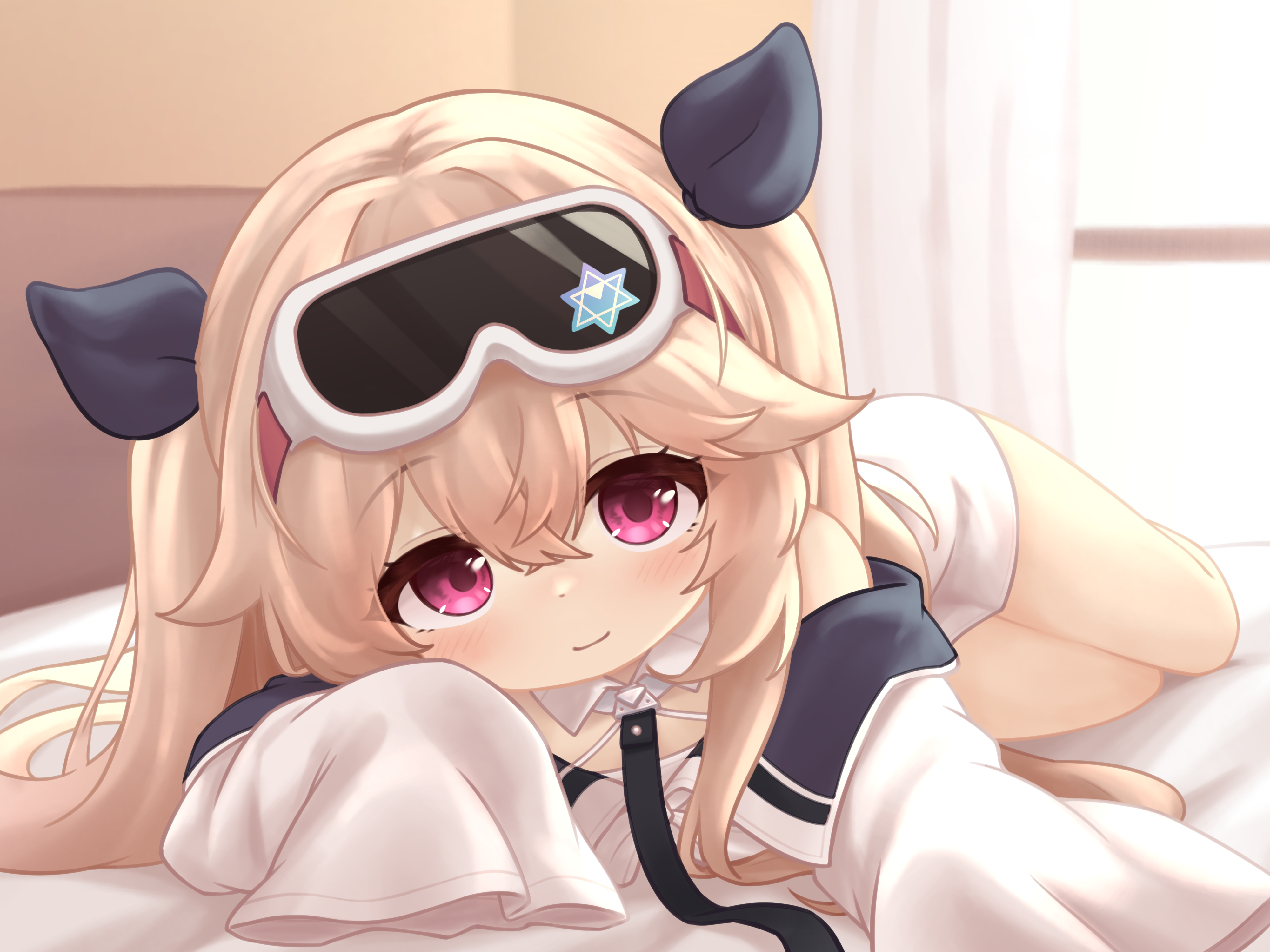 shoboimu, little anchorage (azur lane), azur lane, absurdres, highres, 1girl, goggles, goggles on head, indoors, long hair, looking at viewer, lying, sleeves past wrists, smile, solo