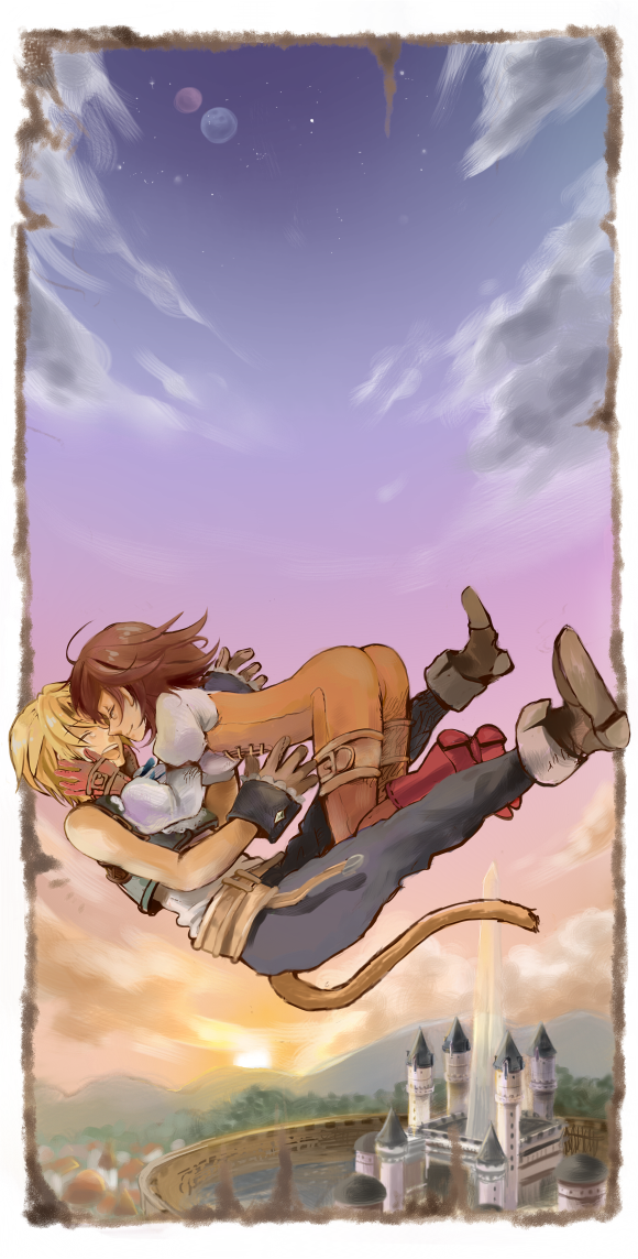 courrier, garnet til alexandros xvii, zidane tribal, final fantasy, final fantasy ix, bad id, bad pixiv id, 00s, ass, blonde hair, boots, brown hair, catsuit, city, closed eyes, falling, gloves, long hair, short hair, sky, tail