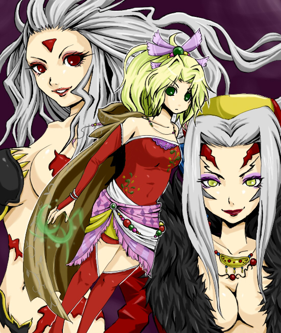 kasetsu, cloud of darkness, tina branford, ultimecia, dissidia final fantasy, final fantasy, final fantasy iii, final fantasy vi, final fantasy viii, 1990s (style), 3girls, blonde hair, breasts, cape, cleavage, gloves, green eyes, grey hair, headdress, long hair, multiple girls, pasties, ponytail, purple ribbon, red eyes, ribbon, sash, thighhighs, witch, yellow eyes