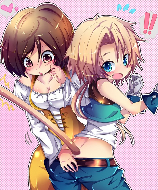 fuabio, garnet til alexandros xvii, zidane tribal, final fantasy, final fantasy ix, 00s, blonde hair, blue eyes, blush, brown eyes, brown hair, catsuit, child, latex, long hair, looking back, looking down, ponytail, short hair, tail