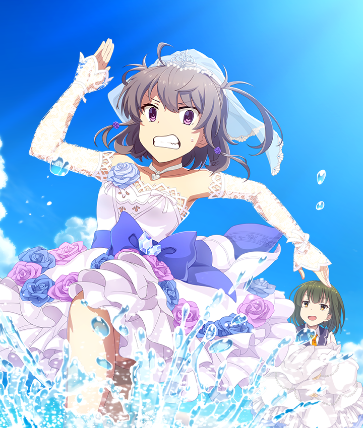 ban tsugumi, shichinosato kofuki, toji no miko, toji no miko: kizamishi issen no tomoshibi, game cg, official art, third-party source, 2girls, bare shoulders, blazer, blue flower, blue rose, blue sailor collar, blue sky, bow, breasts, bridal veil, choker, clenched teeth, cloud, day, detached sleeves, dot nose, dress, dress flower, fleeing, flower, green hair, grey hair, hair flower, hair ornament, heart, heart choker, jacket, large bow, long sleeves, medium hair, multiple girls, necktie, open mouth, outdoors, purple bow, purple eyes, purple flower, purple rose, renpu girls school uniform, rose, running, sailor collar, school uniform, short hair, sky, sleeves past wrists, small breasts, small sweatdrop, smile, splashing, strapless, strapless dress, teeth, twintails, veil, wading, waist bow, water drop, wedding dress, white choker, white dress, white jacket, white sleeves, white veil, yellow eyes, yellow necktie