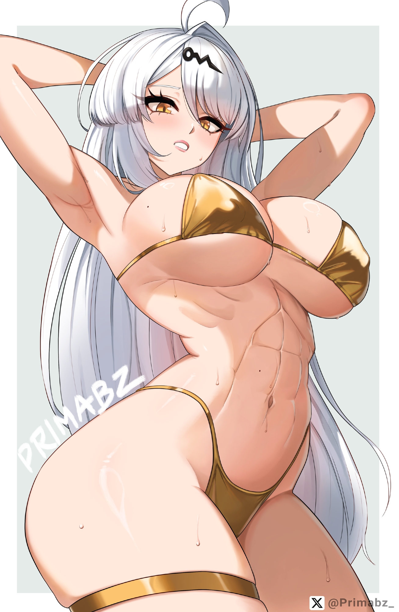 primabz, yixuan (zenless zone zero), zenless zone zero, commentary, english commentary, highres, 1girl, abs, ahoge, armpits, arms behind back, artist name, bikini, blush, breasts, brown eyes, cleavage, eyebrows hidden by hair, from below, from side, gold bikini, jewelry, large breasts, long hair, looking at viewer, navel, open mouth, solo, stomach, sweat, swimsuit, thighlet, underboob, very long hair, white hair, wide hips