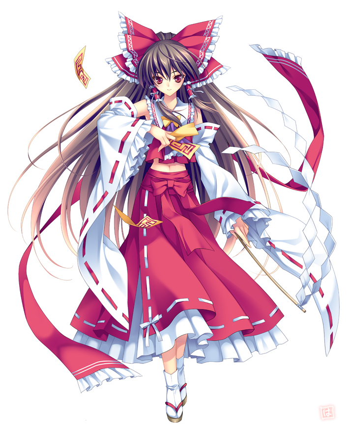 riv (rivleaf), hakurei reimu, touhou, 1girl, black hair, bow, detached sleeves, female focus, full body, gohei, hair bow, japanese clothes, long hair, midriff, miko, ofuda, red eyes, solo, tabi, very long hair, white background