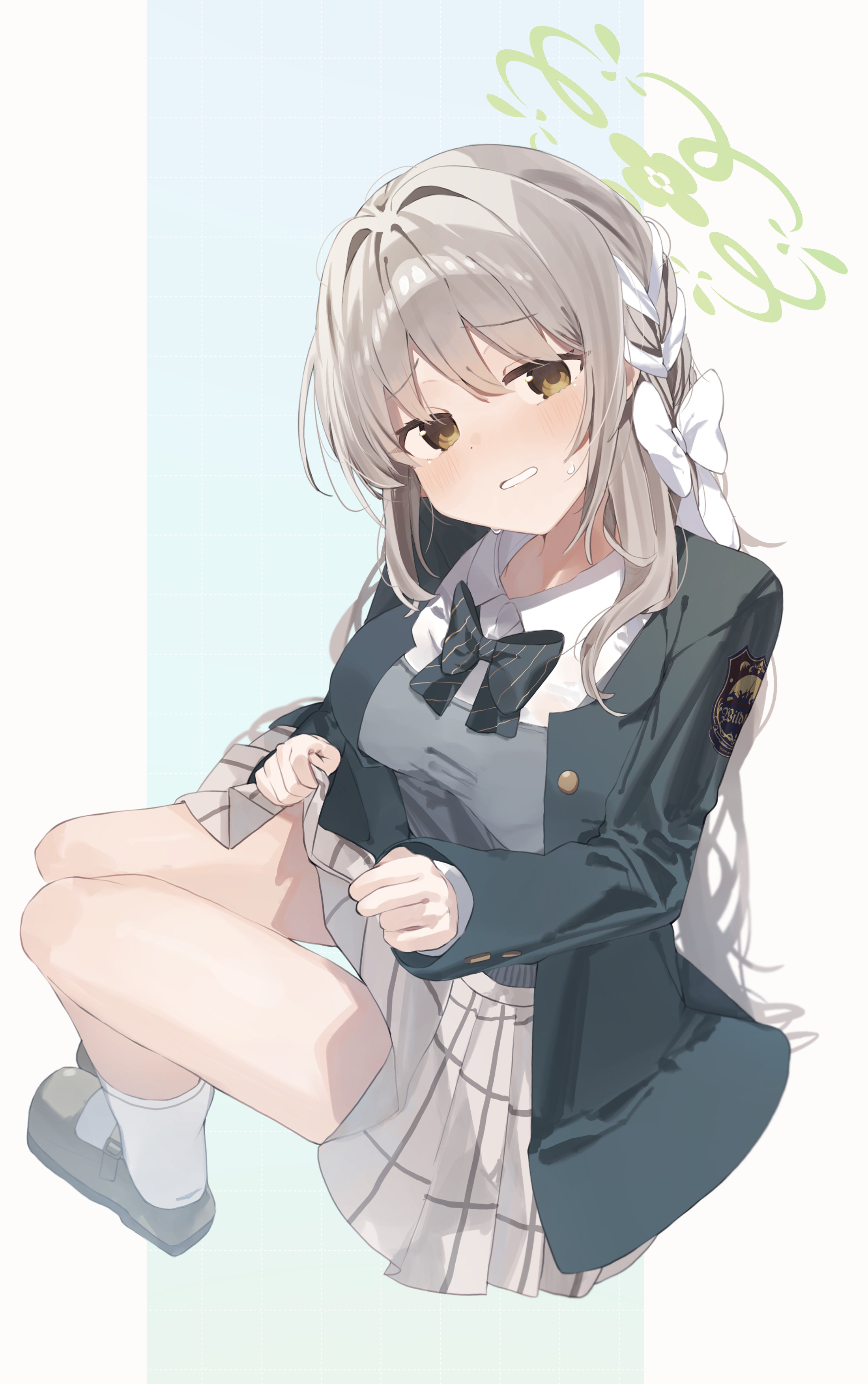 higa (gominami), miyo (blue archive), blue archive, absurdres, commentary request, highres, 1girl, black bow, black bowtie, black jacket, blazer, blush, bow, bowtie, braid, breasts, clothes lift, collared shirt, dress shirt, embarrassed, green halo, grey hair, grey skirt, hair between eyes, hair bow, hair intakes, hair ribbon, halo, jacket, lifting own clothes, long hair, long sleeves, looking at viewer, medium breasts, open mouth, plaid clothes, plaid skirt, pleated skirt, ribbon, ribbon braid, school uniform, shirt, skirt, skirt lift, smile, socks, solo, sweat, very long hair, wavy hair, white bow, white ribbon, white shirt, white socks, yellow eyes