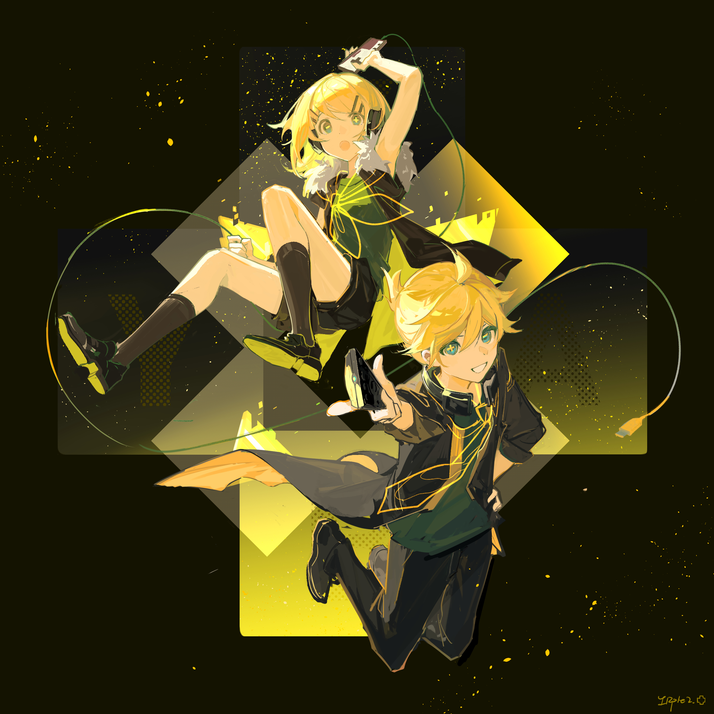 irple, kagamine len, kagamine rin, remote control (vocaloid), absurdres, highres, 1boy, 1girl, :o, abstract background, black background, black pants, black shoes, blonde hair, blue eyes, cable, controller, d-pad, famicom gamepad, gradient background, green shirt, necktie, pants, remote control, shirt, shoes, signature, smile, socks