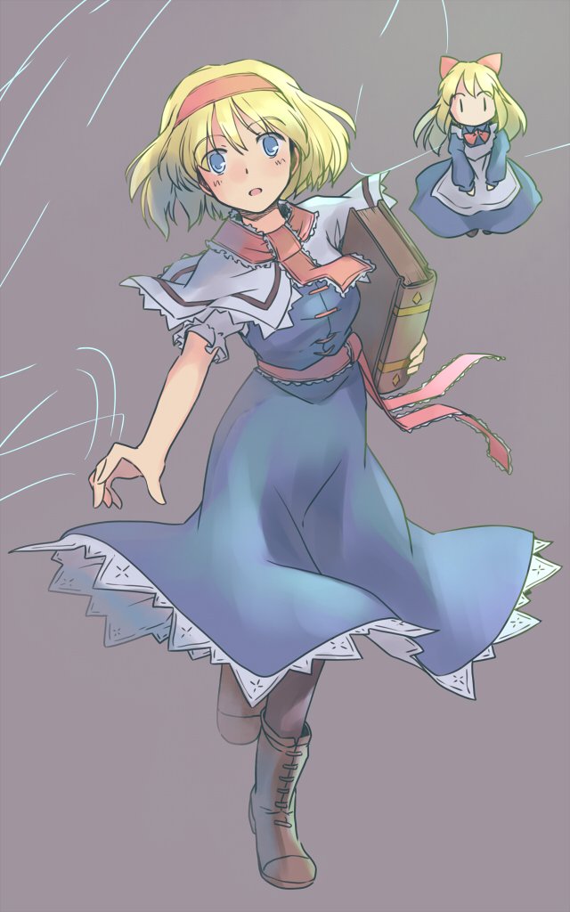 rangycrow, alice margatroid, shanghai doll, touhou, commentary request, 1girl, apron, black pantyhose, blonde hair, blue dress, blue eyes, blush, book, boots, breasts, brown boots, capelet, dress, frilled ribbon, frills, full body, grey background, grimoire, hairband, holding, holding book, medium breasts, neck ribbon, one-hour drawing challenge, open mouth, outstretched arm, pantyhose, petticoat, red hairband, red ribbon, red sash, ribbon, sash, short hair, solo, white apron, white capelet