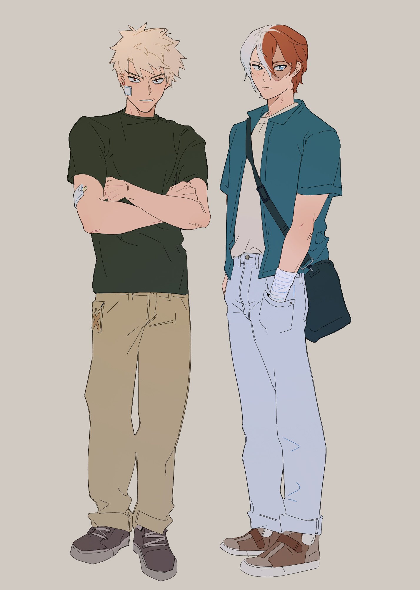 bakugou katsuki, todoroki shoto, boku no hero academia, highres, 2boys, bag, bandaged wrist, bandages, bandaid, bandaid on arm, bandaid on cheek, bandaid on face, black bag, black shirt, blonde hair, blue eyes, blue pants, blue shirt, brown pants, brown shoes, closed mouth, crossed arms, denim, full body, furrowed brow, grey background, grey eyes, grey hair, hair between eyes, hand in pocket, jeans, looking at viewer, male focus, melonbite, multicolored hair, multiple boys, pants, parted lips, red eyes, red hair, shirt, shirt under shirt, shoes, short hair, shoulder bag, sneakers, spiked hair, standing, t-shirt, two-tone hair, white shirt