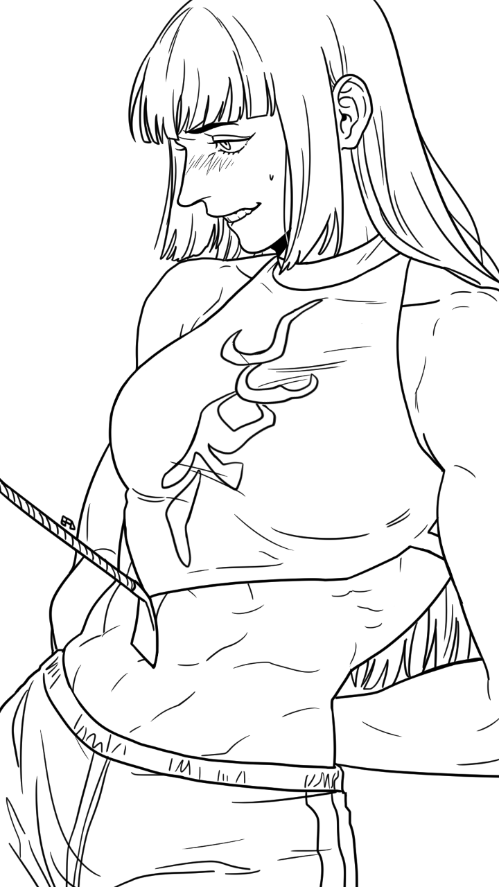 efd, han juri, final fight, street fighter, street fighter v, archived source, commentary, english commentary, highres, korean commentary, 1girl, arms behind back, artist name, biting own lip, blunt bangs, blush, breasts, crop top, long hair, medium breasts, midriff, official alternate costume, official alternate hairstyle, pants, sidelocks, sleeveless, sweatdrop, toned, toned female, whip