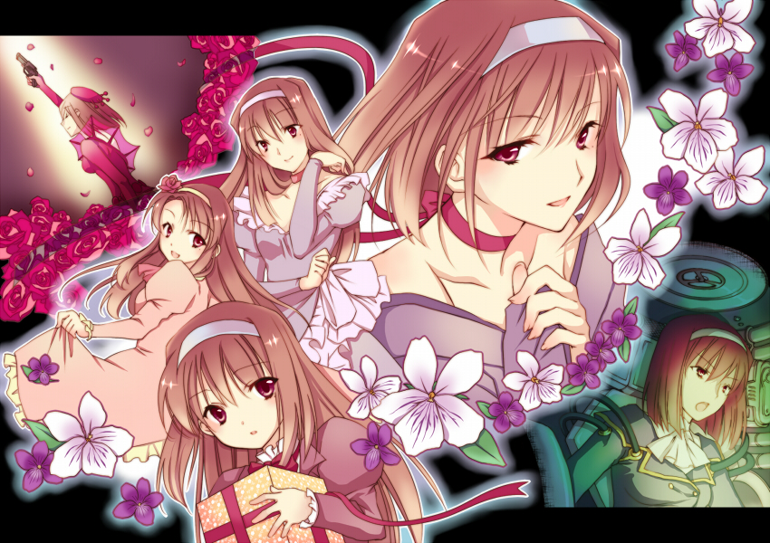 wato, kanzaki sumire, sakura taisen, flower request, 00s, 1girl, age progression, brown eyes, brown hair, choker, cockpit, collarbone, dress, flower, gift, gun, hairband, handgun, japanese clothes, kimono, light smile, long hair, military, military uniform, mole, mole under eye, off shoulder, pistol, red eyes, red ribbon, ribbon, ribbon choker, rose, short hair, skirt hold, smile, spotlight, violet (flower), weapon