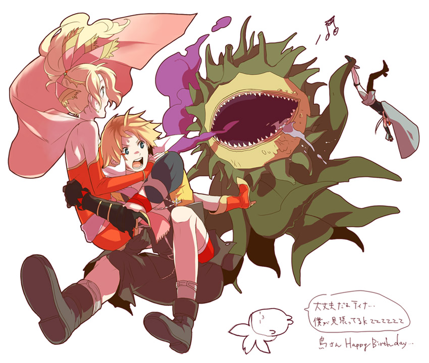 mekonu (mknn), firion, tidus, tina branford, dissidia final fantasy, final fantasy, final fantasy ii, final fantasy vi, final fantasy x, 1980s (style), 00s, 1990s (style), blonde hair, blue eyes, boots, cape, jewelry, long hair, looking back, monster, necklace, open mouth, pink ribbon, ponytail, ribbon, short hair