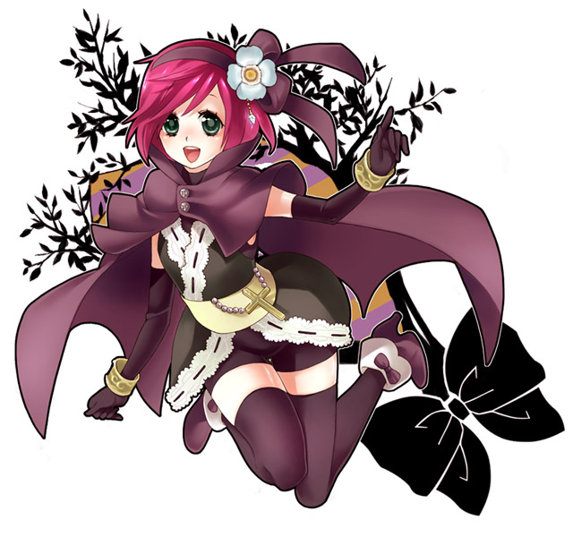mekonu (mknn), gracia (sengoku musou), sengoku musou, sengoku musou 2, bracelet, cape, cross, flower, green eyes, hairband, high heels, jewelry, open mouth, red hair, short hair, thighhighs