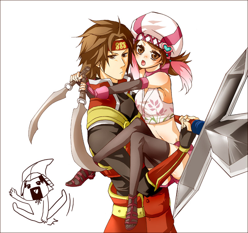 mekonu (mknn), kunoichi (sengoku musou), sanada yukimura (sengoku musou), sengoku musou, armor, bandana, brown eyes, brown hair, dagger, hat, knife, open mouth, polearm, sandals, short hair, spear, thighhighs, weapon