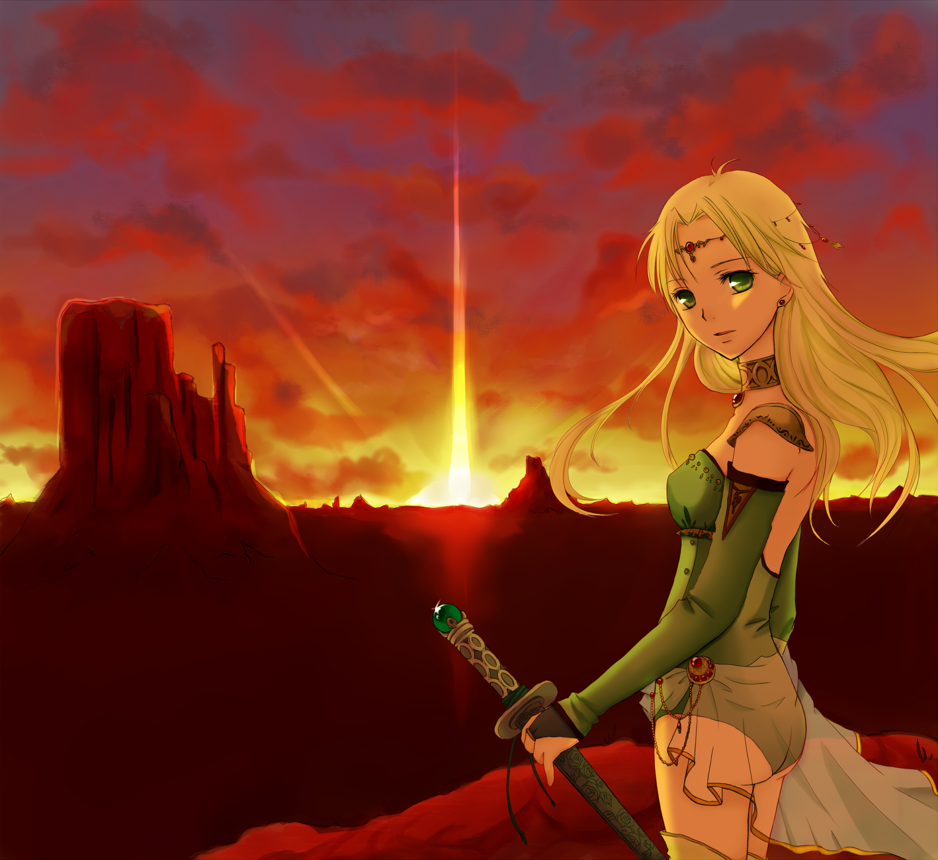 th bluerose, celes chere, final fantasy, final fantasy vi, highres, 1990s (style), 1girl, ass, blonde hair, choker, earrings, female focus, gloves, green eyes, jewelry, leotard, long hair, looking back, retro artstyle, see-through clothes, solo, sun, sunset, sword, thighhighs, tiara, weapon