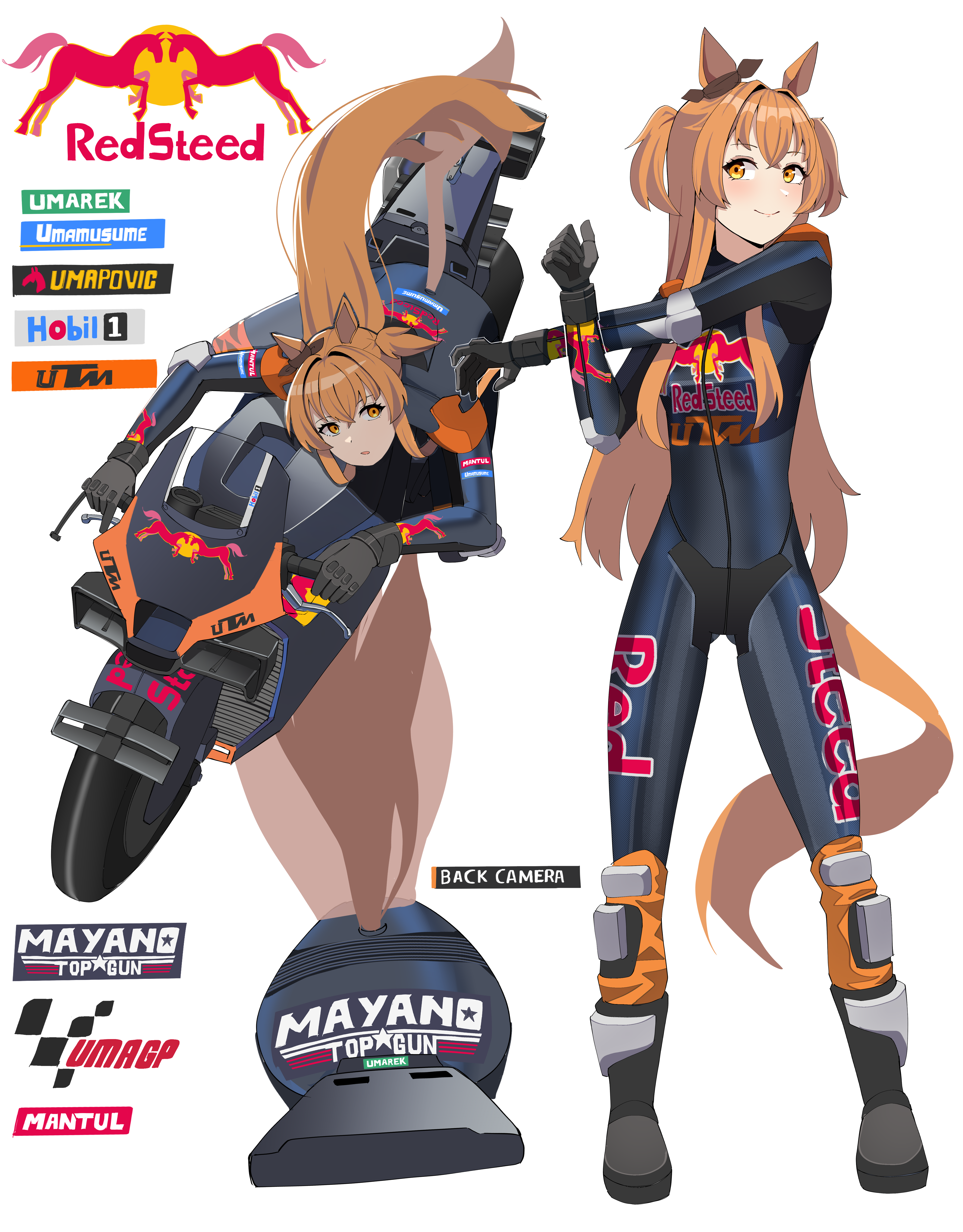 gar32, mayano top gun (umamusume), red bull, umamusume, absurdres, commentary, highres, parody request, 1girl, animal ears, ass, black bodysuit, bodysuit, bow, brand name imitation, brown eyes, brown ribbon, character name, closed mouth, clothing cutout, cross-body stretch, ear ribbon, horse ears, horse girl, horse tail, mobil1, motor vehicle, motorcycle, multiple views, ribbon, simple background, smile, tail, tail through clothes, two side up, white background