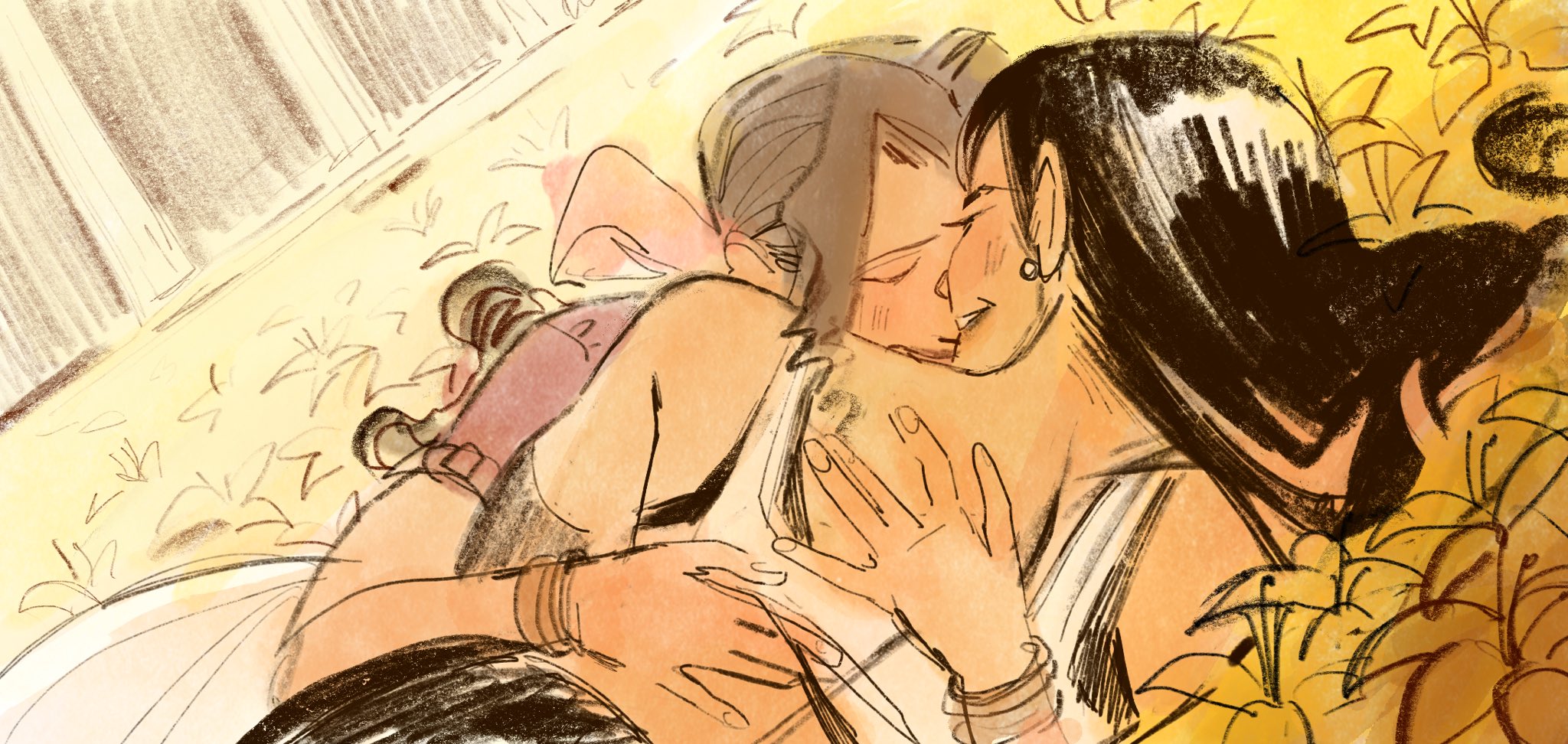 aerith gainsborough, tifa lockhart, assault lily, final fantasy, final fantasy vii, final fantasy vii remake, highres, 2girls, bangle, bare shoulders, black bra, black hair, blush, bra, bracelet, brown hair, closed eyes, earrings, elbow gloves, flower, flower bed, gloves, hair ribbon, hug, jacket, jewelry, kiss, long hair, low-tied long hair, lying, marianne khalil, multiple girls, on side, parted bangs, parted lips, pink ribbon, red jacket, ribbon, shirt, sketch, smile, sports bra, underwear, white shirt, yellow flower, yuri