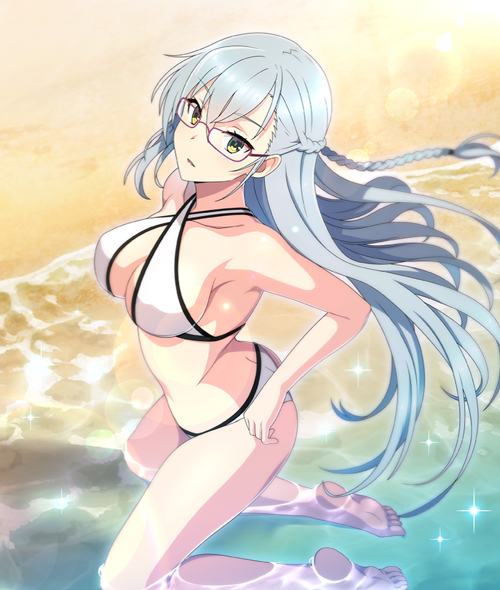 kitora mirja, toji no miko, toji no miko: kizamishi issen no tomoshibi, game cg, official art, third-party source, 1girl, barefoot, beach, bikini, blue hair, breasts, collarbone, day, feet, from above, from side, glasses, half updo, kneeling, large breasts, lens flare, long braid, long hair, looking at viewer, outdoors, parted lips, partially submerged, purple-framed eyewear, sideboob, soles, solo, sunlight, swimsuit, toes, very long hair, white bikini, yellow eyes