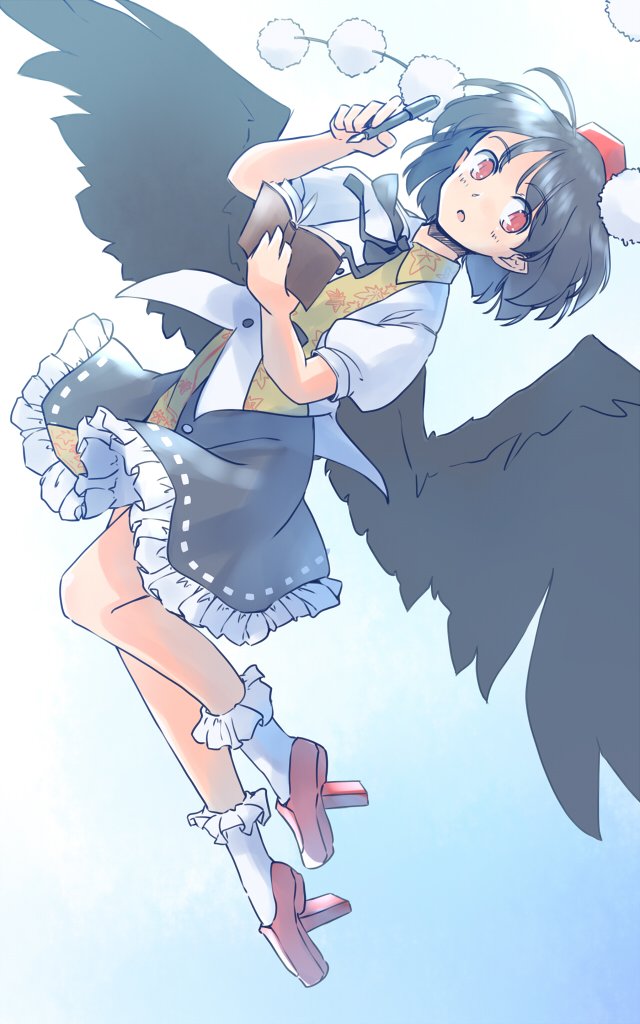 rangycrow, shameimaru aya, touhou, commentary request, 1girl, black hair, black ribbon, black skirt, black wings, blue background, blush, book, buttons, full body, geta, gradient background, hat, holding, holding book, holding pen, knees, leaf print, maple leaf print, nib pen (object), one-hour drawing challenge, open book, open mouth, pen, petticoat, pointy ears, pom pom (clothes), red eyes, red hat, red shoes, ribbon, ribbon-trimmed skirt, ribbon trim, shirt, shoes, short hair, sideways glance, skirt, socks, solo, tengu-geta, tokin hat, white shirt, white socks, wings