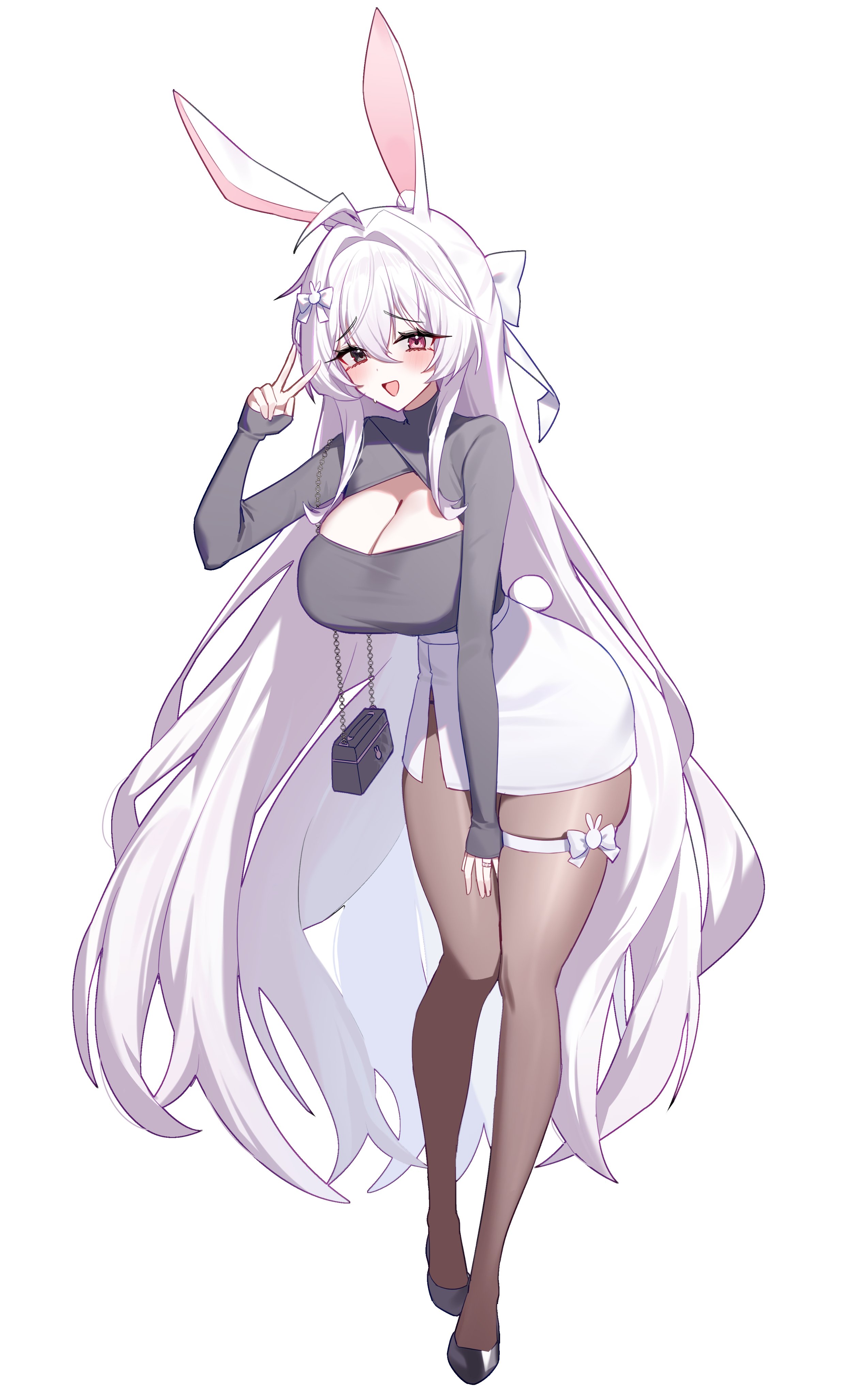 taiyaki12, original, absurdres, commission, highres, second-party source, 1girl, animal ears, bag, black eyes, black shoes, bow, breasts, brown pantyhose, cleavage, cleavage cutout, clothing cutout, full body, grey shirt, hair bow, handbag, heterochromia, jewelry, large breasts, long hair, long sleeves, open mouth, pantyhose, pink eyes, rabbit ears, rabbit girl, rabbit tail, ring, shirt, shoes, simple background, skirt, solo, tail, thigh strap, v, very long hair, wedding ring, white background, white bow, white hair, white skirt