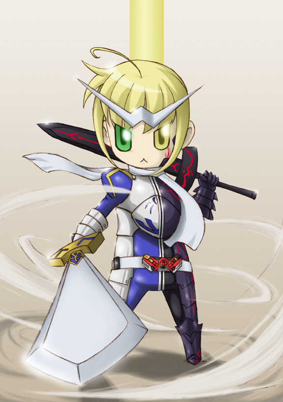 masani deisui, artoria pendragon (fate), saber (fate), saber alter, saber alter (second ascension), fate/stay night, fate (series), kamen rider, kamen rider w, type-moon, :<, parody, scarf, solo