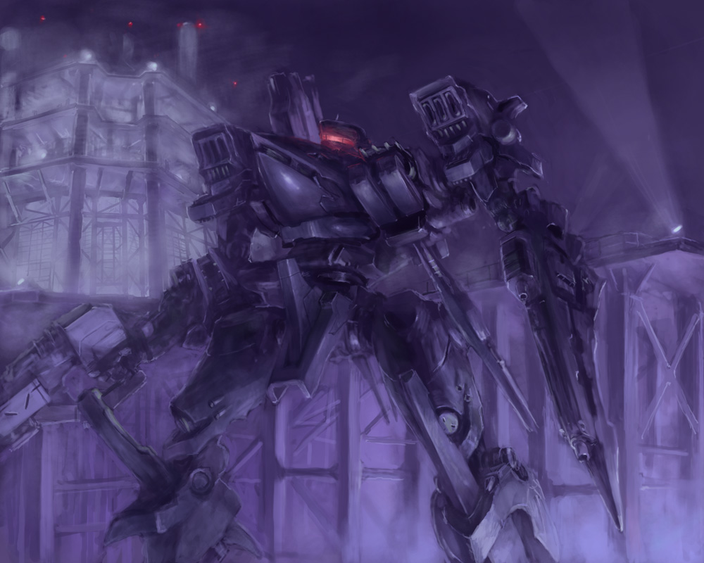 yutori (clockwork chicken), 03-aaliyah, supplice, armored core, armored core 4, commentary request, assault rifle, assault visor, dual wielding, from below, glowing, gun, holding, holding gun, holding weapon, looking ahead, mecha, mecha focus, monochrome, no humans, purple theme, red visor, rifle, robot, science fiction, shoulder cannon, spot color, standing, weapon