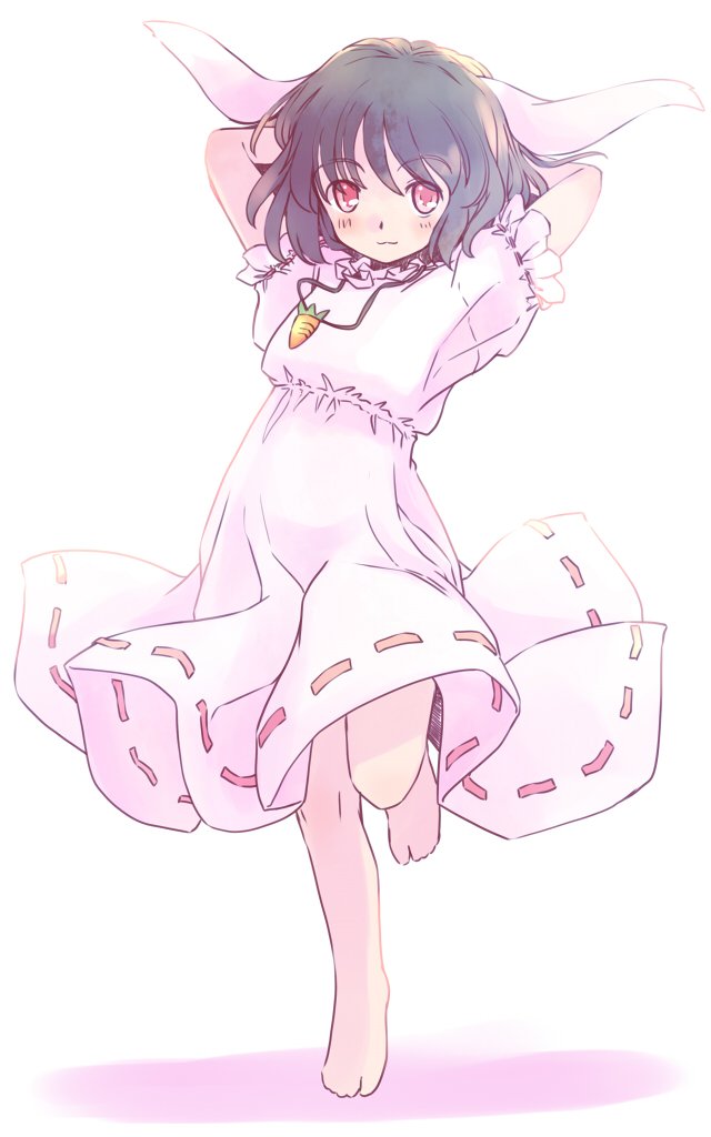 rangycrow, inaba tewi, touhou, commentary request, 1girl, :3, animal ears, arms behind head, arms up, barefoot, black hair, blush, carrot necklace, dress, floppy ears, full body, jewelry, leg up, necklace, one-hour drawing challenge, pink dress, rabbit ears, rabbit girl, red eyes, ribbon-trimmed dress, ribbon trim, short sleeves, solo, white background