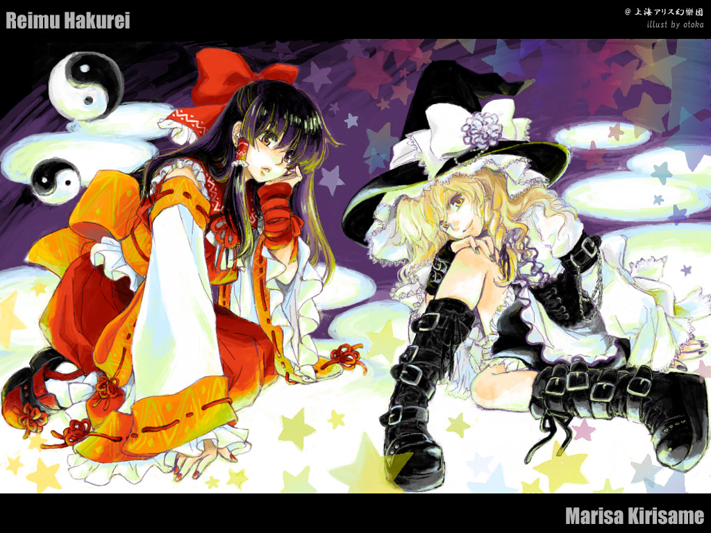 otoka hisagi, hakurei reimu, kirisame marisa, touhou, 2girls, adapted costume, alternate costume, boots, character name, contemporary, detached sleeves, female focus, hat, head rest, head tilt, japanese clothes, letterboxed, miko, multiple girls, nail polish, ribbon, sitting, star (symbol), wide sleeves, witch, witch hat, yin yang
