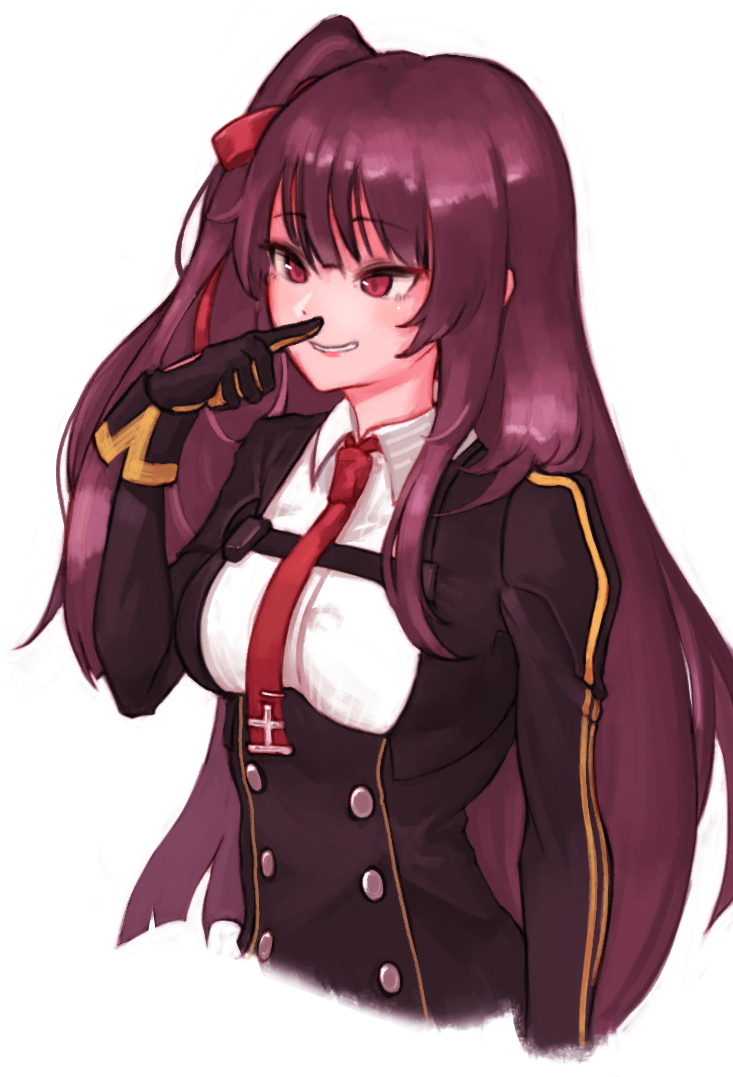 eonsang, wa2000 (girls' frontline), girls' frontline, 1girl, black gloves, black jacket, breasts, chest belt, collared shirt, gloves, hair ribbon, jacket, long hair, long sleeves, medium breasts, necktie, one side up, parted lips, purple hair, red eyes, red ribbon, ribbon, shirt, simple background, smile, very long hair, white background, white shirt, yellow necktie