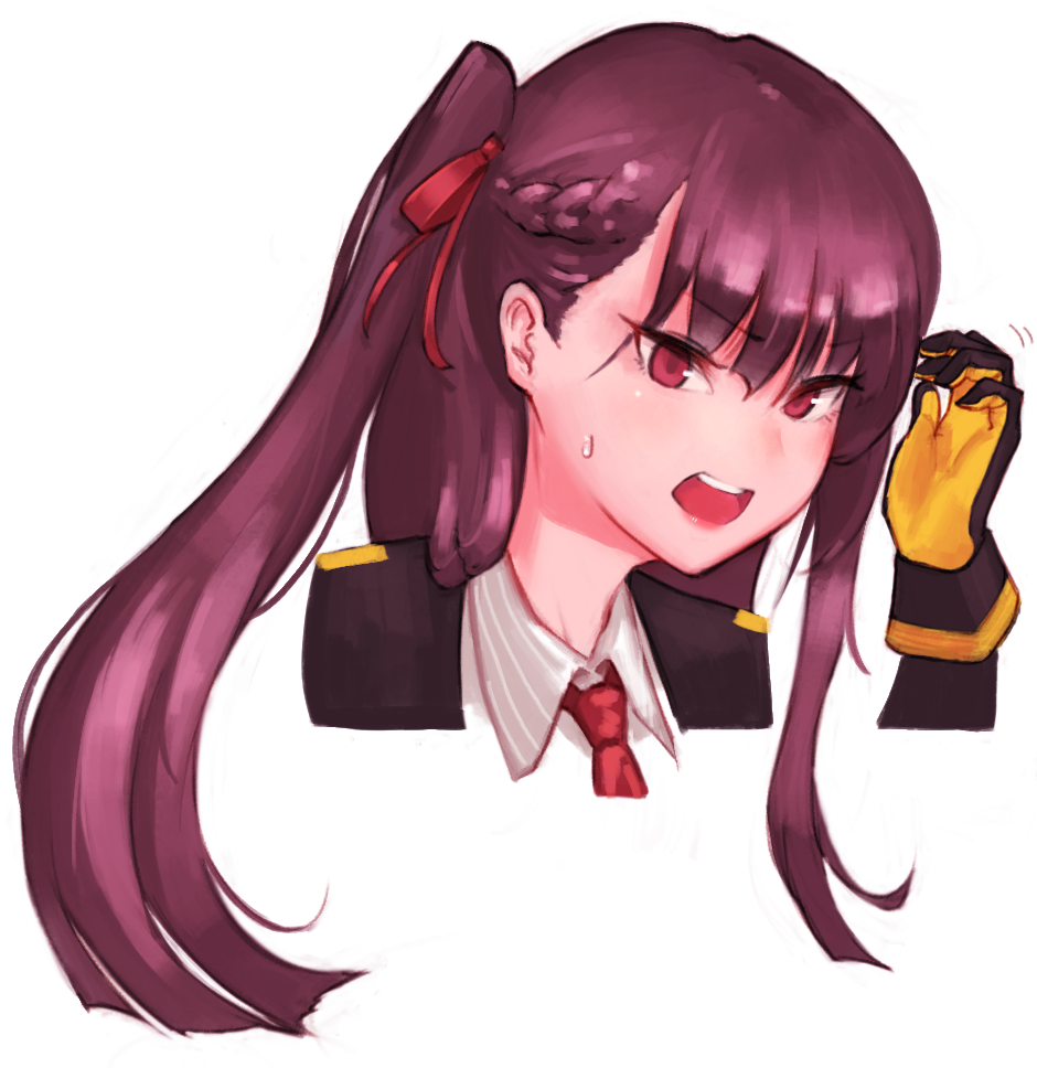 eonsang, wa2000 (girls' frontline), girls' frontline, black hair, black jacket, braid, collared shirt, hair between eyes, hair ribbon, hand up, jacket, long sleeves, motion lines, necktie, one side up, purple hair, red eyes, red necktie, red ribbon, ribbon, shirt, side braid, single sidelock, sweatdrop, white shirt