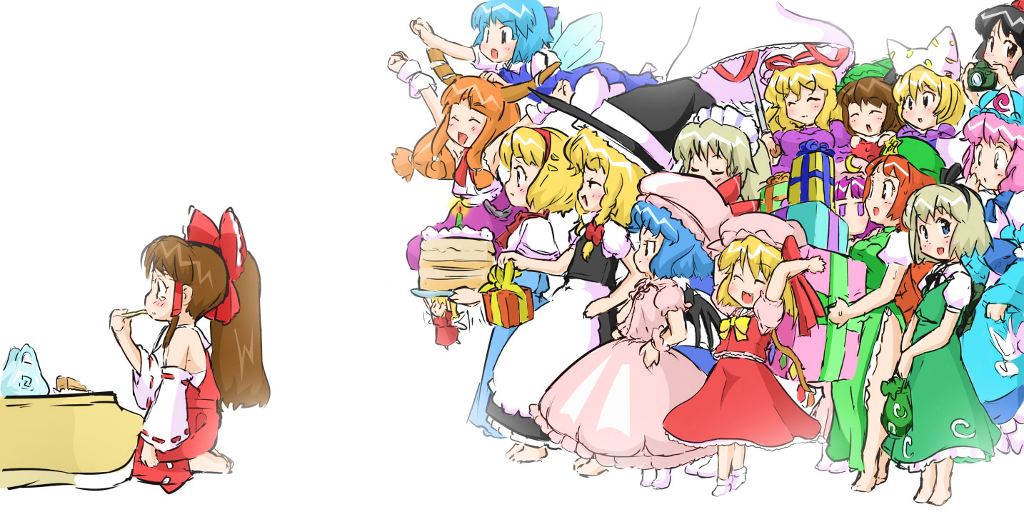akebi-san, alice margatroid, chen, cirno, flandre scarlet, hakurei reimu, hong meiling, ibuki suika, izayoi sakuya, kirisame marisa, konpaku youmu, patchouli knowledge, remilia scarlet, saigyouji yuyuko, shameimaru aya, yakumo ran, yakumo yukari, touhou, bad id, bad pixiv id, 6+girls, birthday, cake, camera, eating, everyone, food, gift, hat, multiple girls, pastry, ribbon