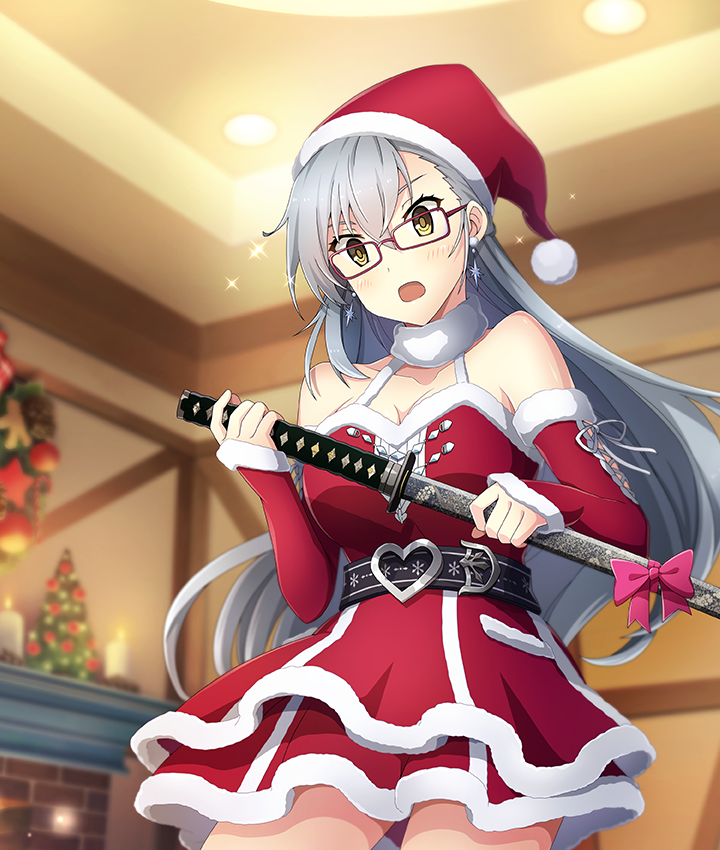 kitora mirja, toji no miko, toji no miko: kizamishi issen no tomoshibi, game cg, official art, third-party source, 1girl, :o, bare shoulders, belt, belt buckle, black belt, blush, bow, breasts, buckle, candle, ceiling light, christmas, christmas tree, christmas wreath, cleavage, collarbone, cowboy shot, detached sleeves, dot nose, dress, earrings, fireplace, floating earrings, fur-trimmed dress, fur-trimmed headwear, fur-trimmed sleeves, fur collar, fur trim, glasses, grey hair, hat, heart belt buckle, holding, holding sword, holding weapon, indoors, jewelry, katana, large breasts, layered skirt, long sleeves, mini christmas tree, open mouth, pink bow, pom pom (clothes), purple-framed eyewear, red dress, red hat, red skirt, red sleeves, santa costume, santa dress, santa hat, sheath, sheathed, skirt, sleeveless, sleeveless dress, sleeves past wrists, snowflake earrings, solo, sparkle, sword, weapon, wreath, yellow eyes