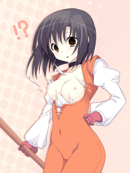 rate (pixiv), garnet til alexandros xvii, final fantasy, final fantasy ix, !?, 00s, breasts, brown eyes, brown hair, catsuit, choker, covered erect nipples, framed breasts, gloves, nipples, short hair, staff, torn clothes