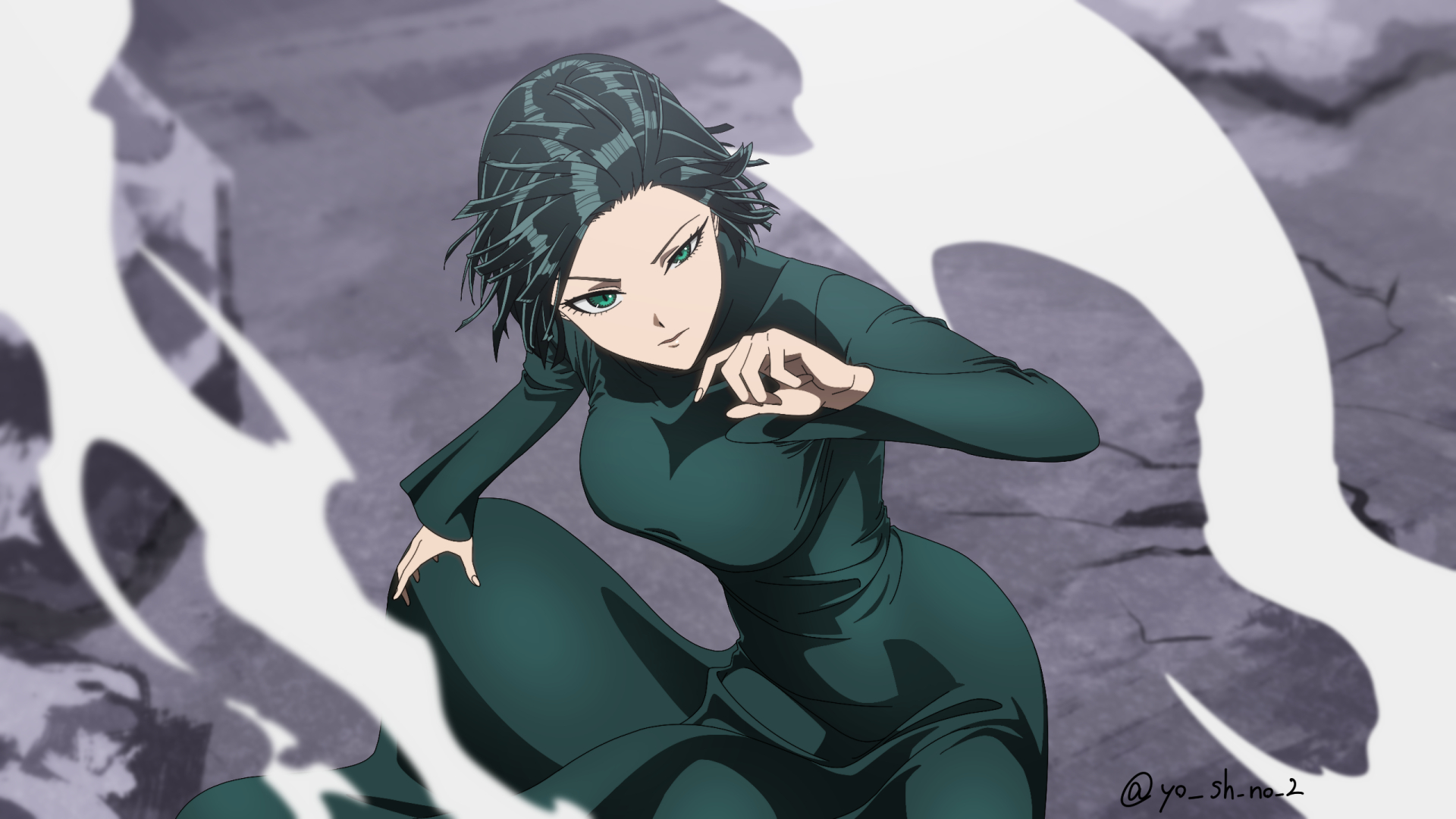 yoshino (laencl), fubuki (one-punch man), one-punch man, highres, 1girl, artist name, breasts, dress, green dress, green eyes, green hair, hair lift, long sleeves, looking at viewer, looking up, puffy long sleeves, puffy sleeves, short hair, solo, twitter username, wind, wind lift