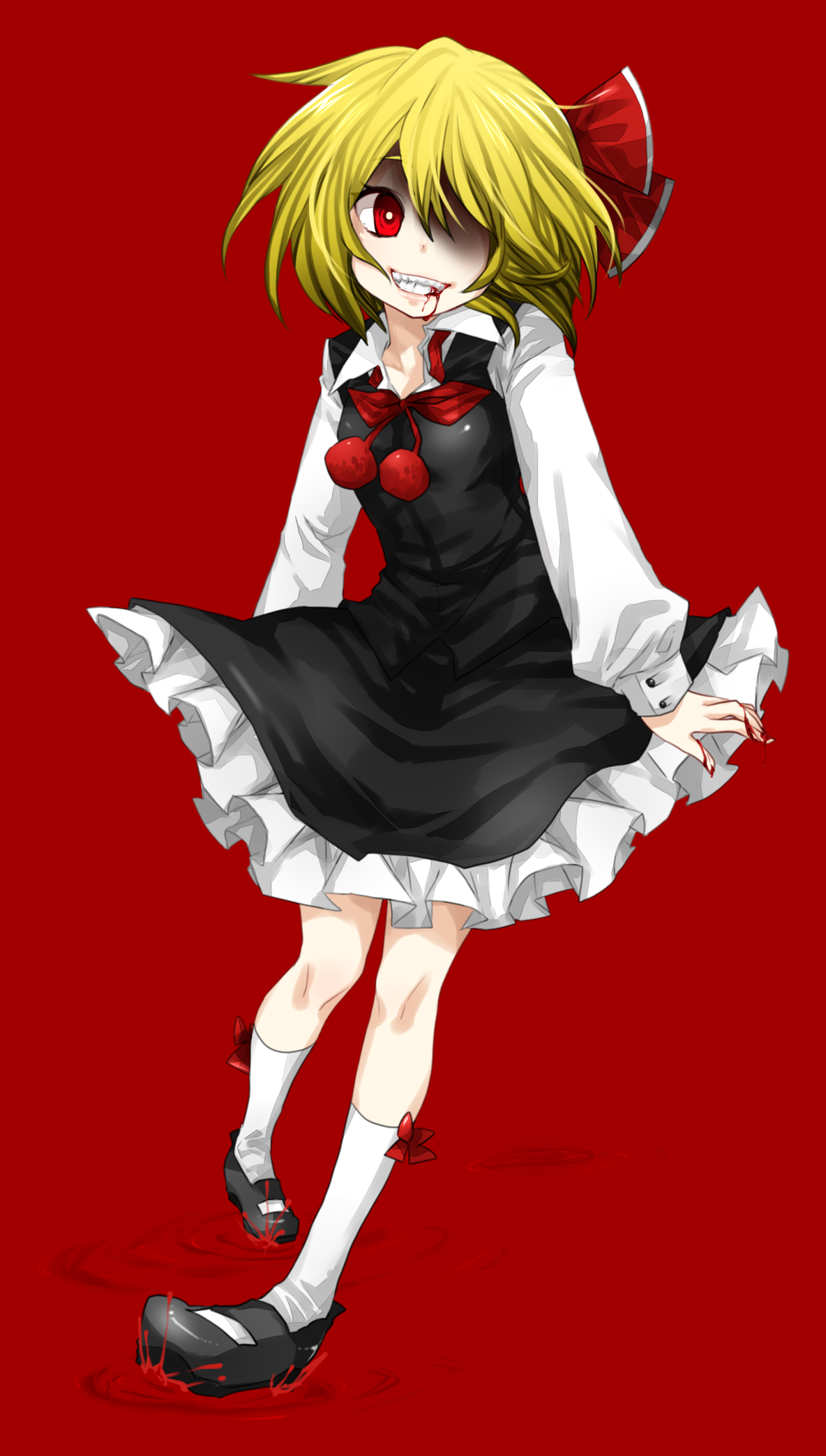 amaya enaka, tentani, rumia, embodiment of scarlet devil, touhou, bad id, bad pixiv id, highres, 1girl, blonde hair, blood, female focus, hair ribbon, red background, red eyes, ribbon, short hair, solo