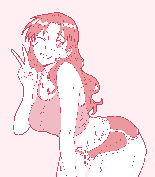celebelian, tanizaki yukari, azumanga daiou, commentary, english commentary, 1girl, ass, bent over, breasts, crop top, dolphin shorts, grin, huge ass, large breasts, long hair, looking at viewer, nose, one eye closed, pixel art, raised eyebrows, short shorts, shorts, simple background, smile, solo, sweat, sweatdrop, thick thighs, thighs, v