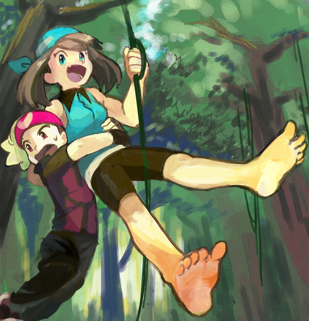 kaeru touritsu, brendan (pokemon), may (pokemon), nintendo, pokemon, pokemon adventures, 1boy, 1girl, bandana, barefoot, blonde hair, blue eyes, brown hair, fang, feet, hat, jungle, nature, plant, soles, toes, vines
