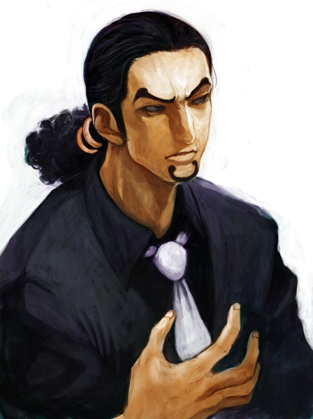 lack, rob lucci, one piece, eyebrows, 1boy, beard, black hair, black shirt, enies lobby, facial hair, formal clothes, goatee, long hair, male focus, necktie, ponytail, shirt, simple background, solo, suit, upper body, white background