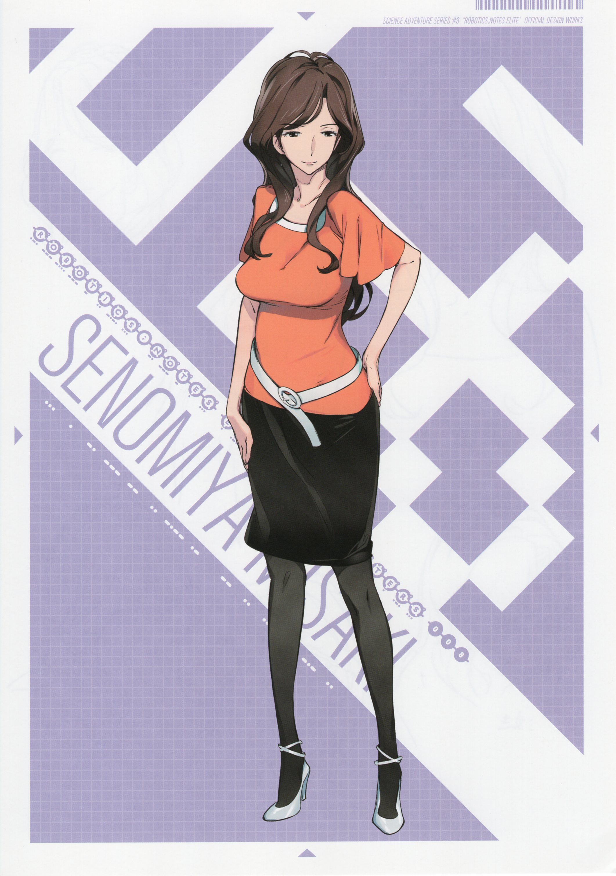 fukuda tomonori, senomiya misaki, robotics;notes, science adventure, shiny lips, absurdres, game cg, highres, non-web source, official art, 1girl, black pantyhose, black skirt, breasts, brown eyes, brown hair, casual, character name, full body, hair over shoulder, high heels, large breasts, lipstick, long hair, makeup, mature female, orange shirt, pantyhose, parted bangs, pencil skirt, red lips, shirt, shoes, skirt, solo, white background, white shoes