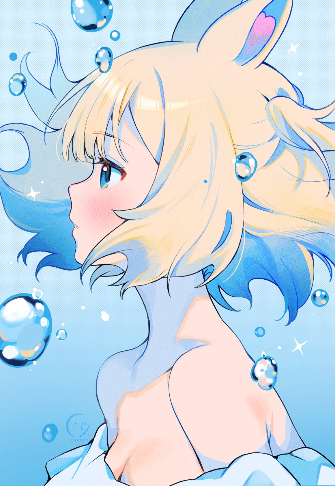 yenkoes, yenko (vtuber), indie virtual youtuber, highres, 1girl, animal ears, bare shoulders, blonde hair, blue background, blue eyes, breasts, bubble, cleavage, frills, looking to the side, rabbit ears, rabbit girl, rabbit tail, short hair, small breasts, sparkle, tail, virtual youtuber