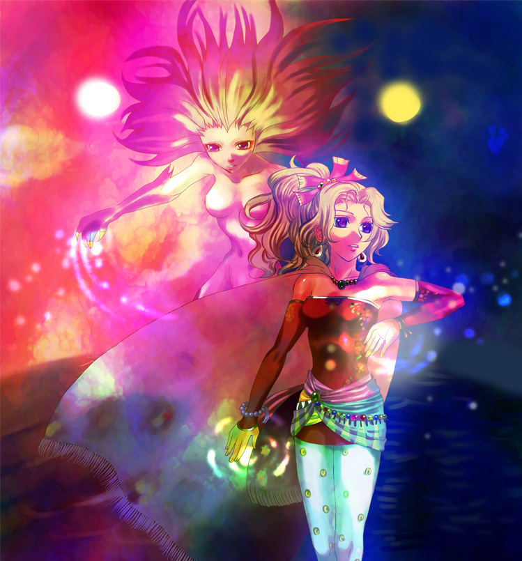cotton candy (artist), tina branford, trance terra branford, final fantasy, final fantasy vi, 1990s (style), blonde hair, cape, claws, colored skin, elbow gloves, gloves, hair ornament, long hair, pantyhose, pink hair, pink skin, ponytail, purple eyes, ribbon, sash