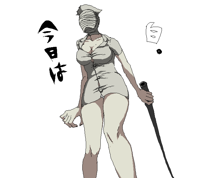 yoyoyoyoyo, bubble head nurse, nurse (silent hill), pyramid head, silent hill, silent hill (series), 1girl, breasts, cleavage, headband, large breasts, lead pipe, monster girl, nurse, oekaki, panties, pantyshot, pov, stick, underwear, upskirt, weapon