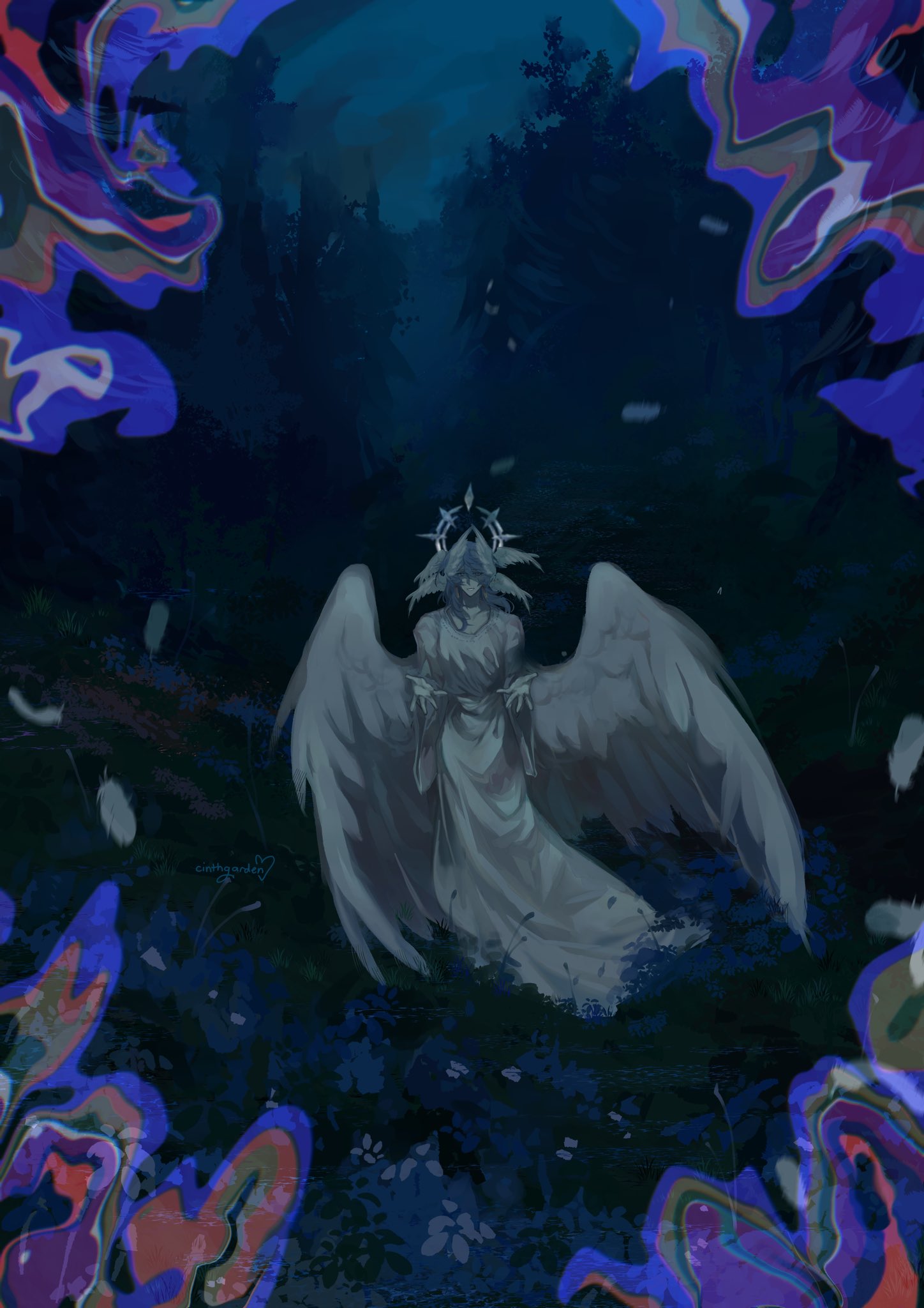 cinthgarden, sunday (honkai: star rail), honkai: star rail, honkai (series), commentary, english commentary, highres, 1boy, alternate costume, blue hair, feathers, forest, grass, halo, hands up, head wings, long hair, male focus, multiple wings, nature, outdoors, robe, tree, white robe, white wings, wings