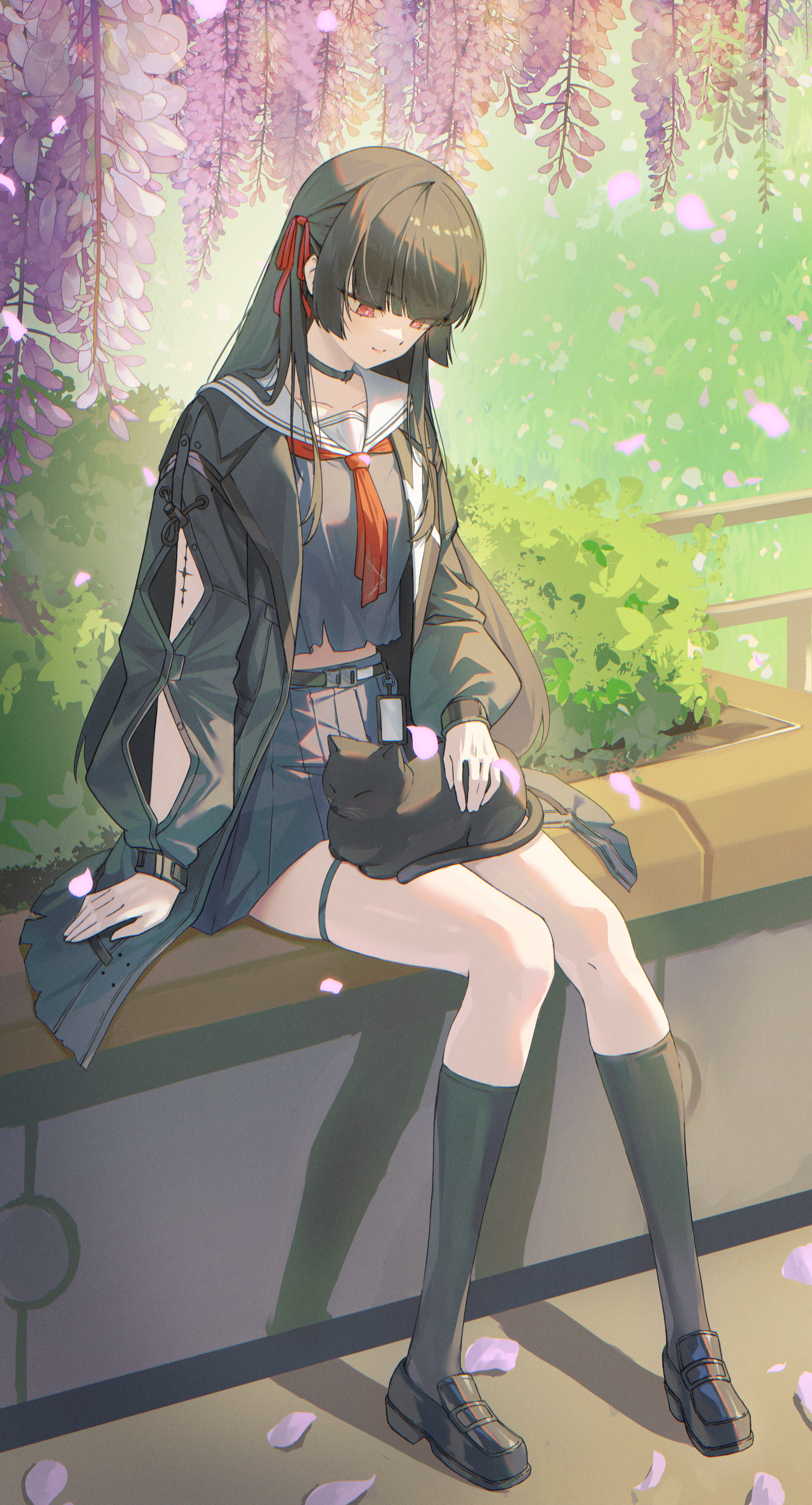 moon (restire), chisa (wuthering waves), wuthering waves, absurdres, commentary, highres, 1girl, arm cutout, black cat, black choker, black jacket, black serafuku, black shirt, black shoes, black skirt, black socks, breasts, bright pupils, cat, choker, closed mouth, clothing cutout, flower, hair ribbon, jacket, long sleeves, medium breasts, on lap, outdoors, petals, pink petals, red eyes, red ribbon, ribbon, sailor collar, school uniform, serafuku, shirt, shoes, sitting, skirt, smile, socks, solo, tacet mark (wuthering waves), white pupils, white sailor collar, wisteria