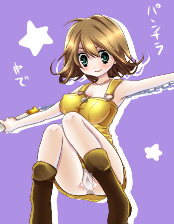 pororororo, selphie tilmitt, final fantasy, final fantasy viii, lowres, 1990s (style), blush, boots, brown hair, dress, green hair, long hair, nunchaku, panties, pantyshot, underwear, upskirt, weapon, white panties
