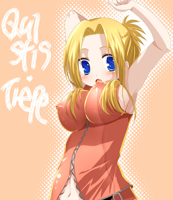 pororororo, quistis trepe, final fantasy, final fantasy viii, 1990s (style), 1girl, arms up, blonde hair, blue eyes, blush, covered erect nipples, female focus, glasses, long hair, navel, nipples, retro artstyle, solo