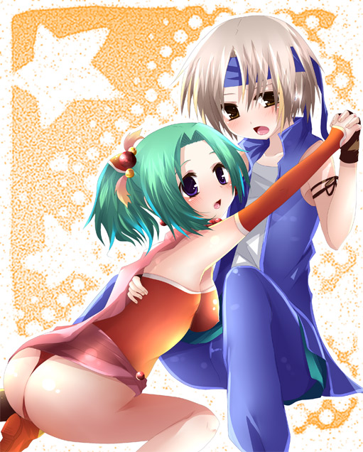 kika (pororororo), pororororo, locke cole, tina branford, final fantasy, final fantasy vi, 1990s (style), ass, blush, brown eyes, elbow gloves, fingerless gloves, gloves, green hair, grey hair, headband, jacket, leotard, long hair, open mouth, pants, ponytail, purple eyes, sash, shirt, short hair, sitting, wedgie