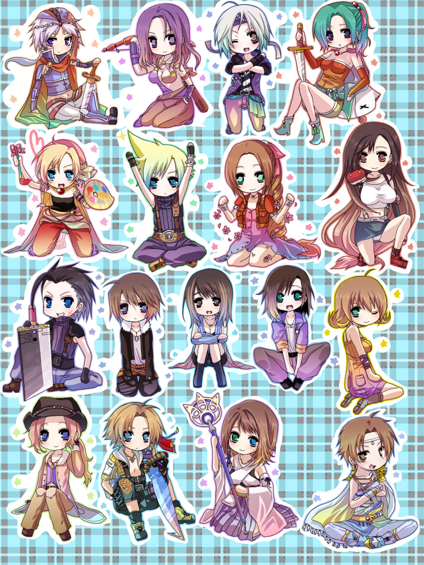 kika (pororororo), pororororo, aerith gainsborough, bartz klauser, cloud strife, firion, irvine kinneas, laguna loire, locke cole, maria (ff2), relm arrowny, rinoa heartilly, selphie tilmitt, squall leonhart, tidus, tifa lockhart, tina branford, yuna, zack fair, final fantasy, final fantasy ii, final fantasy v, final fantasy vi, final fantasy vii, final fantasy viii, final fantasy x, 1980s (style), 00s, 1990s (style), armor, arms up, bandana, belt, bike shorts, black eyes, black hair, blonde hair, blue eyes, boots, bow (weapon), brown eyes, brown hair, cape, chibi, coat, cowboy hat, crossed legs, dagger, dress, earrings, elbow gloves, fingerless gloves, gloves, green eyes, green hair, grey hair, hat, headband, heterochromia, jacket, jewelry, knife, long hair, miniskirt, necklace, oldschool, one eye closed, open mouth, paint palette, paintbrush, pants, ponytail, purple eyes, purple hair, retro artstyle, ribbon, robe, sash, short hair, sitting, skirt, spiked hair, staff, suspenders, sword, tank top, trench coat, weapon, wink