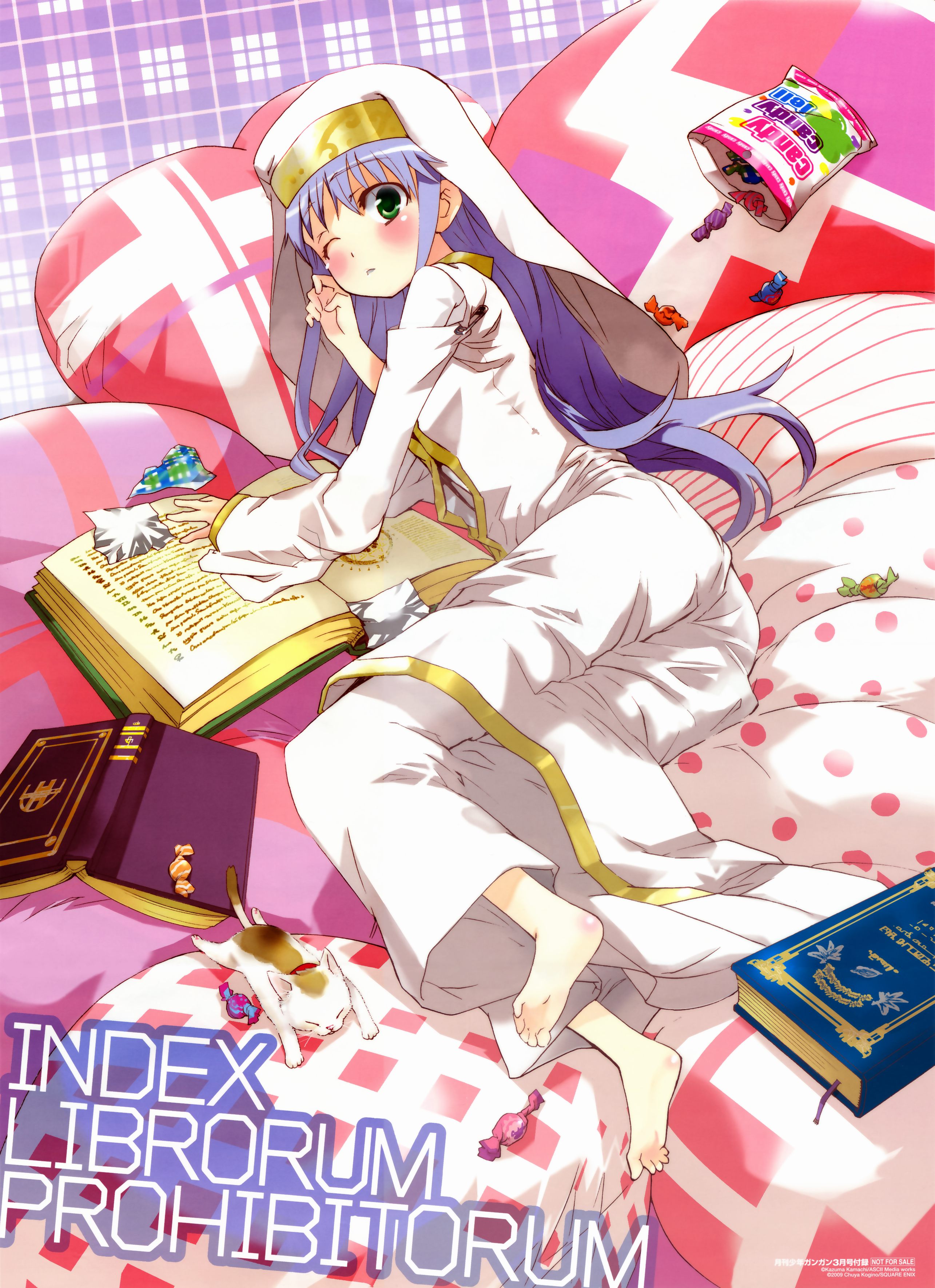 kogino chuuya, index (toaru majutsu no index), sphinx (toaru majutsu no index), toaru majutsu no index, habit, absurdres, highres, 00s, 1girl, alternate hair color, barefoot, bed, blue hair, blush, book, calico (pattern), calico cat, candy, cat, character name, feet, female focus, flat chest, food, from above, green eyes, hat, long hair, looking up, lying, one eye closed, open book, pillow, robe, safety pin, solo, wink